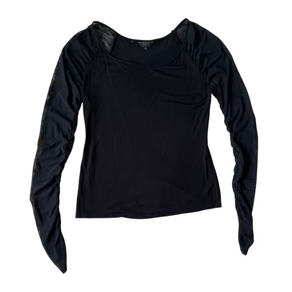 GUESS Black Long Sleeve Top with Ruched Sheer Mesh Sleeves | Large - Picture 1 of 7